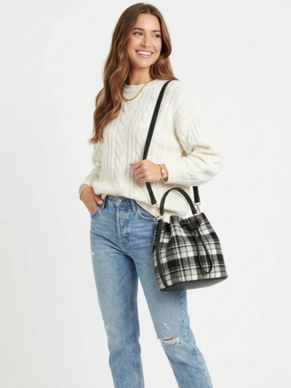 Simply Noelle Black and White Plaid Drawstring Bucket Bag
